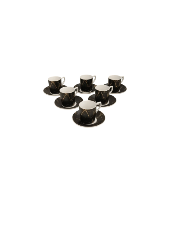 Kaffeetassen-Set in Schwarz mit Goldmuster und Untertassen